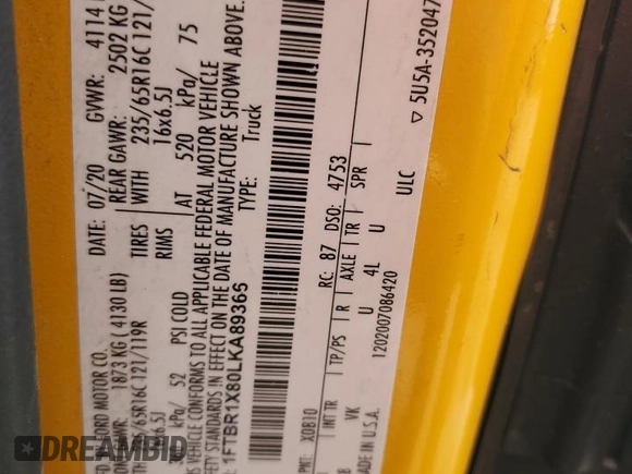 2020 Ford Transit Cargo с VIN 1FTBR1X80LKA89366, выставлен на аукционе Copart как лот 66054145 с пробегом 95 501 миль миль и Списание • Salvage title. История ставок и продаж доступна на DreamBid. Изображение 13.