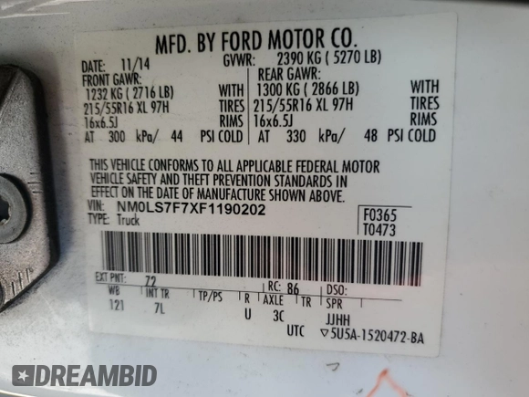 2015 Ford Transit Connect XLT z VIN NM0LS7F7XF1190202, wystawiony jako Copart lot #63536205 z przebiegiem 112 966 mil mil oraz Czysty tytuł • Clean title. Historia ofert i sprzedaży dostępna na DreamBid. Obrazek 13.
