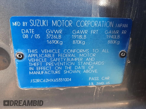 2006 Suzuki Aerio Premium z VIN JS2RC62HX65351004, wystawiony jako Copart lot #44656943 z przebiegiem Nie podano mil oraz Czysty tytuł • Clean title. Historia ofert i sprzedaży dostępna na DreamBid. Obrazek 12.