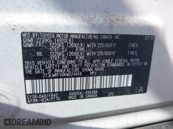 2019 Toyota RAV4 Hybrid LE with VIN 2T3LWRFV0KW024848, listed as a IAAI auction lot 42490933 with 48,384 mi miles and . Bid and sale history available at DreamBid. Image 9.