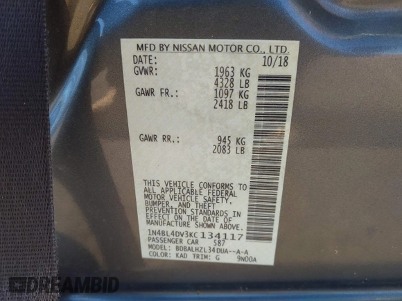 2019 Nissan Altima SV z VIN 1N4BL4DV3KC134117, wystawiony jako IAAI lot #41442828 z przebiegiem Nie podano mil oraz . Historia ofert i sprzedaży dostępna na DreamBid. Obrazek 9.