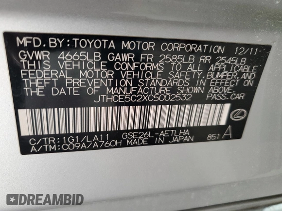2012 Lexus IS 350 with VIN JTHCE5C2XC5002532, listed as a Copart auction lot 44149565 with 173,333 mi miles and Salvage title. Bid and sale history available at DreamBid. Image 12.