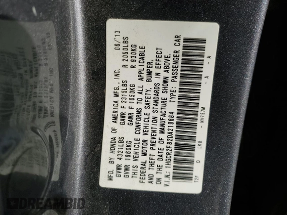 2013 Honda Accord Sdn EX-L with VIN 1HGCR2F82DA219684, listed as a Copart auction lot 42462435 with 119,749 mi miles and Salvage Title. Bid and sale history available at carsss.com. Image 12.