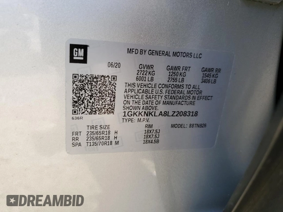2020 GMC Acadia SLE with VIN 1GKKNKLA8LZ208318, listed as a Copart auction lot 53644795 with 48,267 mi miles and Salvage title. Bid and sale history available at DreamBid. Image 14.