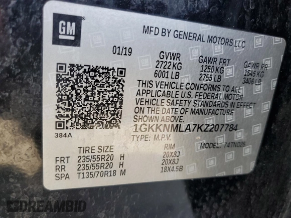 2019 GMC Acadia SLT with VIN 1GKKNMLA7KZ207784, listed as a Copart auction lot 79575884 with 46,560 mi miles and Salvage Title. Bid and sale history available at carsss.com. Image 12.