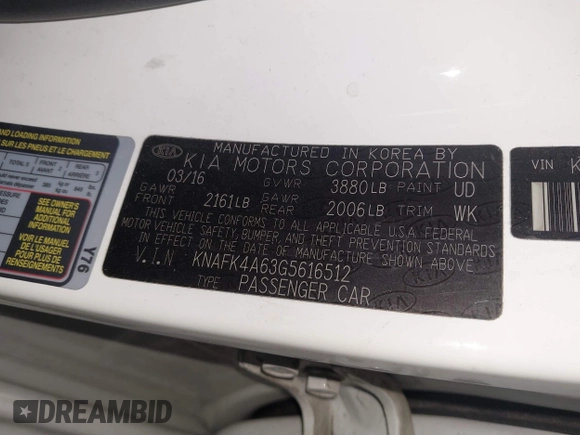 2016 Kia Forte LX with VIN KNAFK4A63G5616512, listed as a IAAI auction lot 41894857 with 44,844 mi miles. Bid and sale history available at carsss.com. Image 9.