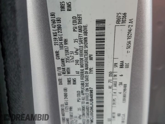 2018 Ford Escape SE with VIN 1FMCU0G96JUB48987, listed as a Copart auction lot 54794465 with 119,364 mi miles and Clean Title. Bid and sale history available at carsss.com. Image 13.