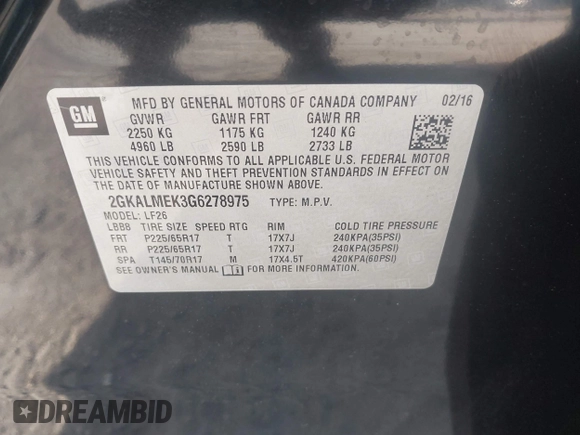 2016 GMC Terrain SLE with VIN 2GKALMEK3G6278975, listed as a IAAI auction lot 42113765 with 140,554 mi miles. Bid and sale history available at carsss.com. Image 9.