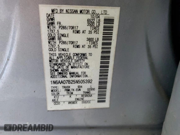 2005 Nissan Titan LE with VIN 1N6AA07B25N505392, listed as a Copart auction lot 50221945 with 187,780 mi miles and Salvage Title. Bid and sale history available at carsss.com. Image 13.