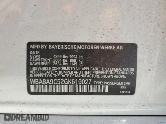 2016 BMW 3 Series 320i z VIN WBA8A9C52GK619027, wystawiony jako Copart lot #48972325 z przebiegiem 118 245 mil mil oraz Szkoda całkowita • Salvage title. Historia ofert i sprzedaży dostępna na DreamBid. Obrazek 14.
