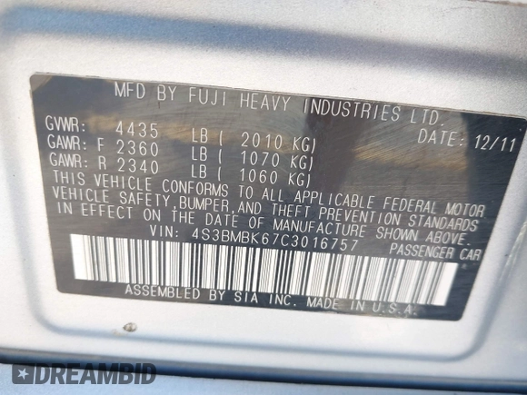 2012 Subaru Legacy Limited with VIN 4S3BMBK67C3016757, listed as a IAAI auction lot 42292463 with 231,877 mi miles and . Bid and sale history available at DreamBid. Image 9.