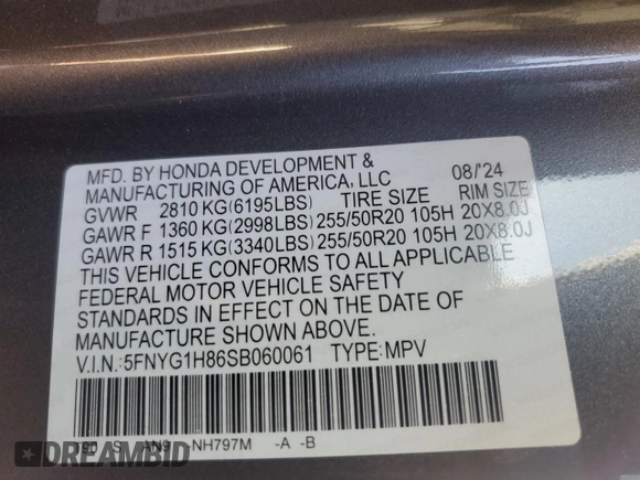 2025 Honda Pilot Elite with VIN 5FNYG1H86SB060061, listed as a Copart auction lot 81537784 with 275 mi miles and Salvage Title. Bid and sale history available at carsss.com. Image 15.
