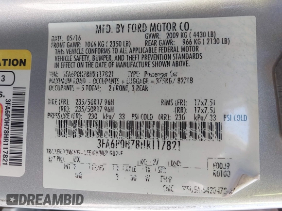 2017 Ford Fusion SE with VIN 3FA6P0H78HR117821, listed as a IAAI auction lot 41870448 with 180,222 mi miles. Bid and sale history available at carsss.com. Image 9.