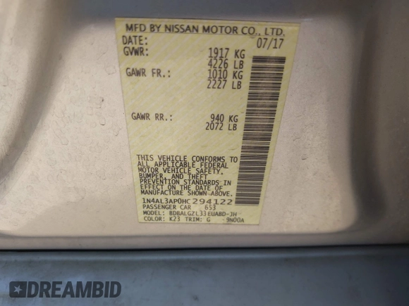 2017 Nissan Altima SL with VIN 1N4AL3AP0HC294122, listed as a IAAI auction lot 42223296 with 144,028 mi miles and . Bid and sale history available at DreamBid. Image 9.