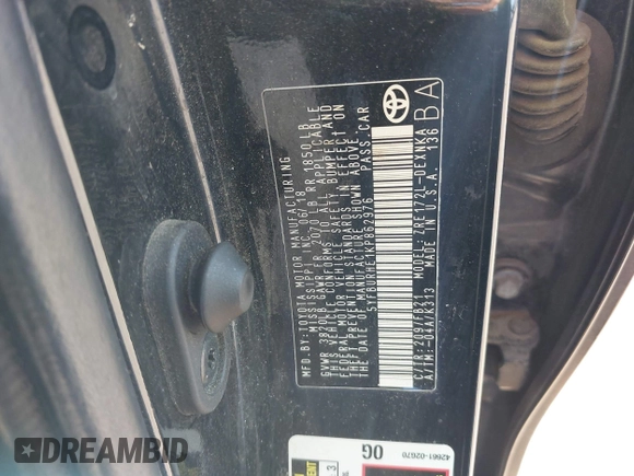 2019 Toyota Corolla L z VIN 5YFBURHE1KP862976, wystawiony jako IAAI lot #42203996 z przebiegiem 163 163 mil mil oraz . Historia ofert i sprzedaży dostępna na DreamBid. Obrazek 9.