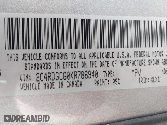 2019 Dodge Grand Caravan SXT with VIN 2C4RDGCG0KR786940, listed as a IAAI auction lot 41648332 with 96,427 mi miles and . Bid and sale history available at DreamBid. Image 9.