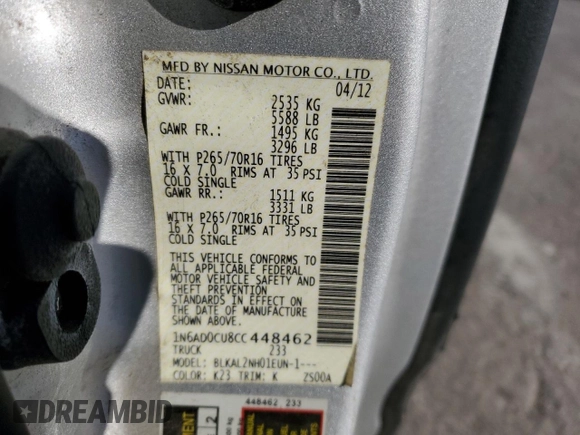 2012 Nissan Frontier SV z VIN 1N6AD0CU8CC448462, wystawiony jako Copart lot #46103195 z przebiegiem 58 332 mil mil oraz Szkoda całkowita • Salvage title. Historia ofert i sprzedaży dostępna na DreamBid. Obrazek 12.