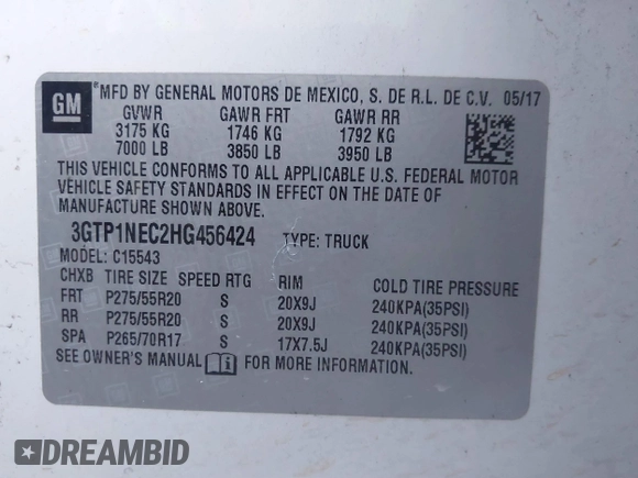 2017 GMC Sierra 1500 SLT with VIN 3GTP1NEC2HG456424, listed as a IAAI auction lot 41470072 with 129,884 mi miles and . Bid and sale history available at DreamBid. Image 9.