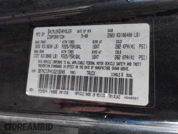 2001 Dodge 1500 with VIN 3B7HC13Y41G219249, listed as a IAAI auction lot 41959327 with 202,043 mi miles and . Bid and sale history available at DreamBid. Image 9.