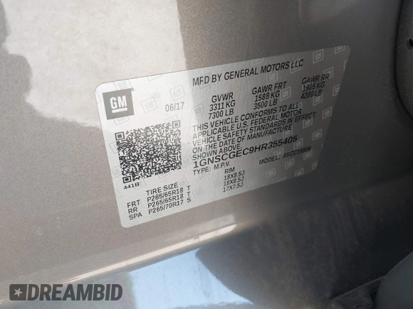 2017 Chevrolet Suburban LS with VIN 1GNSCGEC9HR355405, listed as a IAAI auction lot 41674594 with 170,312 mi miles and . Bid and sale history available at DreamBid. Image 9.