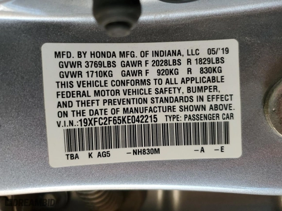 2019 Honda Civic Sedan LX with VIN 19XFC2F65KE042215, listed as a Copart auction lot 48461255 with 240,061 mi miles and Salvage Title. Bid and sale history available at carsss.com. Image 12.