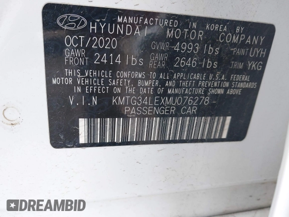 2021 Genesis G70 3.3T with VIN KMTG34LEXMU076278, listed as a IAAI auction lot 41976406 with 44,684 mi miles and . Bid and sale history available at DreamBid. Image 9.