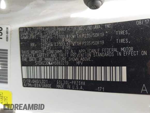2017 Toyota Sienna SE with VIN 5TDXZ3DCXHS883219, listed as a IAAI auction lot 42104502 with 97,047 mi miles and . Bid and sale history available at DreamBid. Image 9.