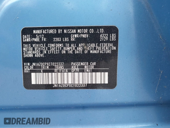 2012 Nissan LEAF SL with VIN JN1AZ0CPXCT022337, listed as a IAAI auction lot 40299658 with 43,173 mi miles. Bid and sale history available at carsss.com. Image 9.