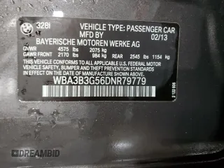 2013 BMW 3 Series 328i xDrive with VIN WBA3B3G56DNR79779, listed as a Copart auction lot 87406574 with 0 mi miles and Salvage Title. Bid and sale history available at carsss.com. Image 12.