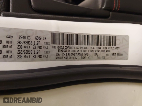 2017 Jeep Grand Cherokee Trailhawk with VIN 1C4RJFLG7HC712208, listed as a IAAI auction lot 42174543 with 158,518 mi miles and . Bid and sale history available at DreamBid. Image 9.