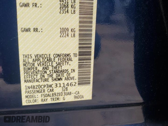 2017 Nissan LEAF S with VIN 1N4BZ0CP3HC311462, listed as a Copart auction lot 62606785 with Not provided miles and Salvage title. Bid and sale history available at DreamBid. Image 12.