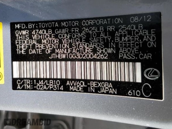 2013 Lexus ES 300h with VIN JTHBW1GG3D2004262, listed as a Copart auction lot 52290995 with 70,565 mi miles and Salvage title. Bid and sale history available at DreamBid. Image 12.