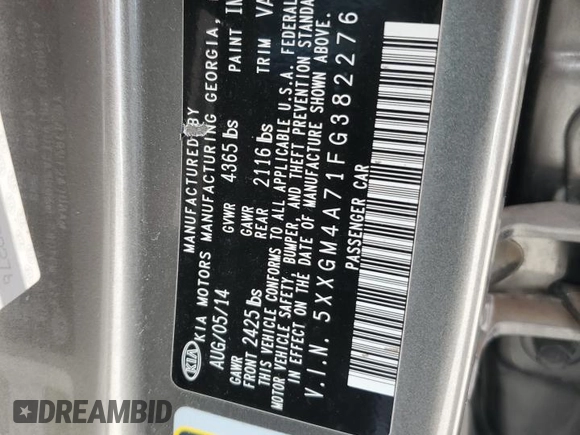 2015 Kia Optima LX with VIN 5XXGM4A71FG382276, listed as a Copart auction lot 65351315 with 209,667 mi miles and Salvage title. Bid and sale history available at DreamBid. Image 12.