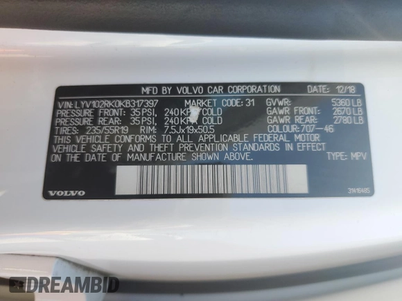 2019 Volvo XC60 Momentum with VIN LYV102RK0KB317397, listed as a Copart auction lot 47094095 with 77,483 mi miles and Salvage title. Bid and sale history available at DreamBid. Image 13.