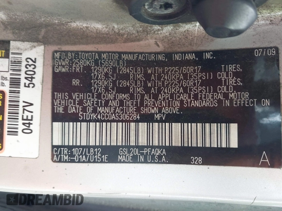 2010 Toyota Sienna XLE with VIN 5TDYK4CC0AS306284, listed as a IAAI auction lot 41736735 with 323,886 mi miles and . Bid and sale history available at carsss.com. Image 9.