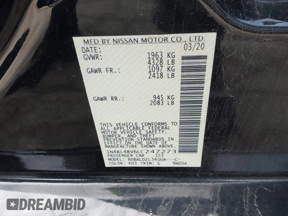 2020 Nissan Altima S z VIN 1N4BL4BV6LC247273, wystawiony jako IAAI lot #41877548 z przebiegiem 91 489 mil mil oraz . Historia ofert i sprzedaży dostępna na DreamBid. Obrazek 9.