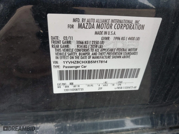 2011 Mazda Mazda6 i Touring with VIN 1YVHZ8CHXB5M17814, listed as a IAAI auction lot 41835027 with 301,089 mi miles. Bid and sale history available at carsss.com. Image 9.