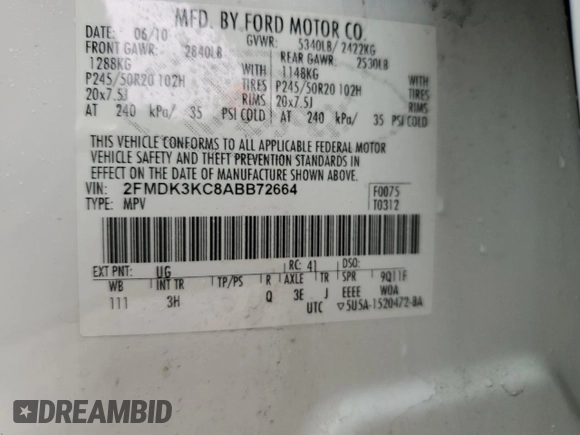 2010 Ford Edge Limited with VIN 2FMDK3KC8ABB72664, listed as a Copart auction lot 51297755 with 179,339 mi miles and Salvage Title. Bid and sale history available at carsss.com. Image 14.