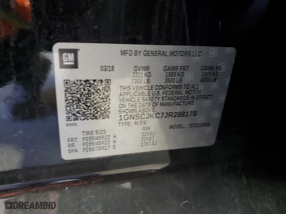 2018 Chevrolet Suburban Premier with VIN 1GNSCJKC7JR288178, listed as a Copart auction lot 85090294 with 141,614 mi miles and Clean Title. Bid and sale history available at carsss.com. Image 13.