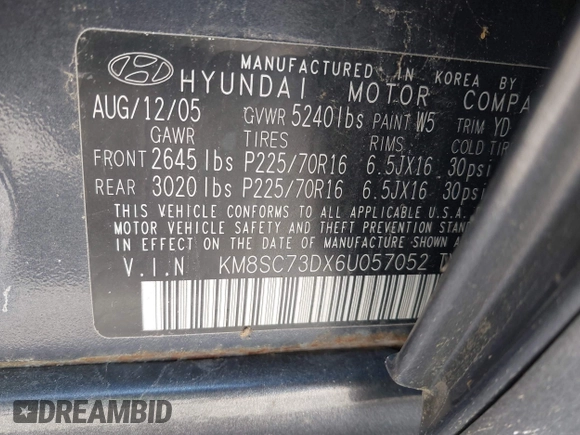2006 Hyundai Santa Fe GLS with VIN KM8SC73DX6U057052, listed as a IAAI auction lot 42136019 with 159,272 mi miles. Bid and sale history available at carsss.com. Image 9.
