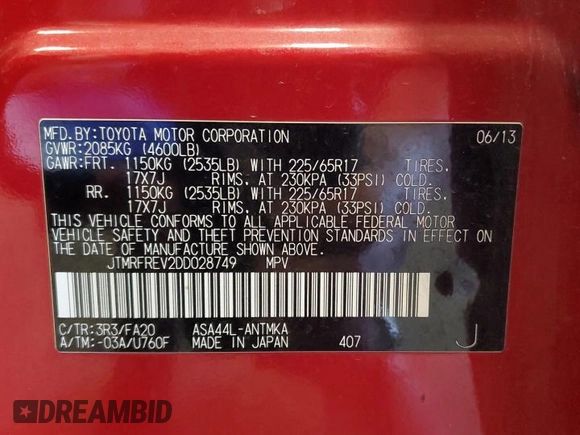 2013 Toyota RAV4 XLE with VIN JTMRFREV2DD028749, listed as a Copart auction lot 56831945 with 138,586 mi miles and Salvage title. Bid and sale history available at DreamBid. Image 13.