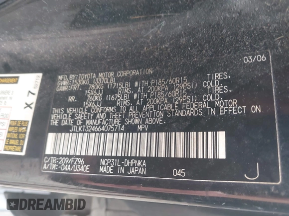 2006 Scion xB with VIN JTLKT324664075714, listed as a IAAI auction lot 42585055 with 207,385 mi miles and . Bid and sale history available at DreamBid. Image 9.