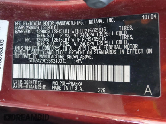 2005 Toyota Sienna CE with VIN 5TDZA23C35S243313, listed as a Copart auction lot 49346095 with 224,913 mi miles and Salvage Title. Bid and sale history available at carsss.com. Image 15.
