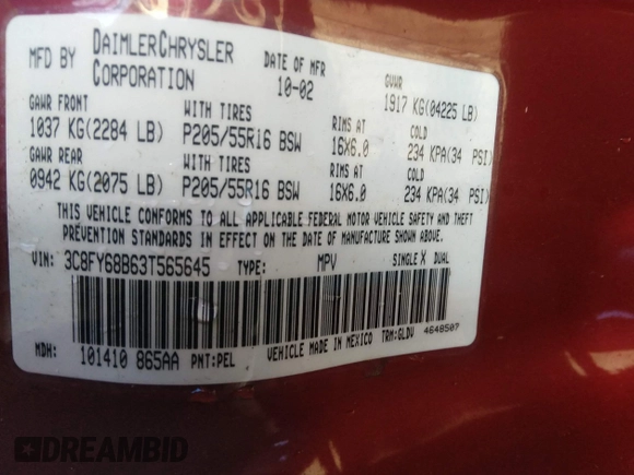2003 Chrysler PT Cruiser Limited with VIN 3C8FY68B63T565645, listed as a IAAI auction lot 39932875 with 43,215 mi miles. Bid and sale history available at carsss.com. Image 9.