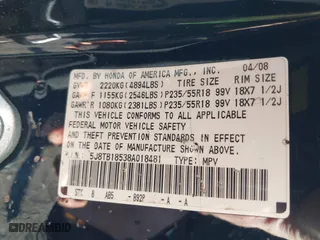 2008 Acura RDX Tech Pkg with VIN 5J8TB18538A018481, listed as a IAAI auction lot 41771392 with 187,704 mi miles. Bid and sale history available at carsss.com. Image 9.