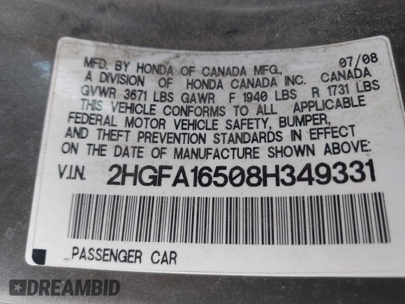 2008 Honda Civic LX with VIN 2HGFA16508H349331, listed as a IAAI auction lot 42078127 with 211,570 mi miles and . Bid and sale history available at DreamBid. Image 9.