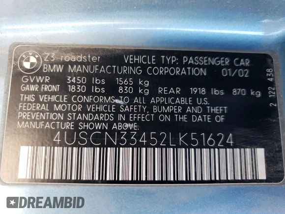 2002 BMW Z3 2.5i with VIN 4USCN33452LK51624, listed as a Copart auction lot 47388825 with 100,044 mi miles and Salvage Title. Bid and sale history available at carsss.com. Image 13.