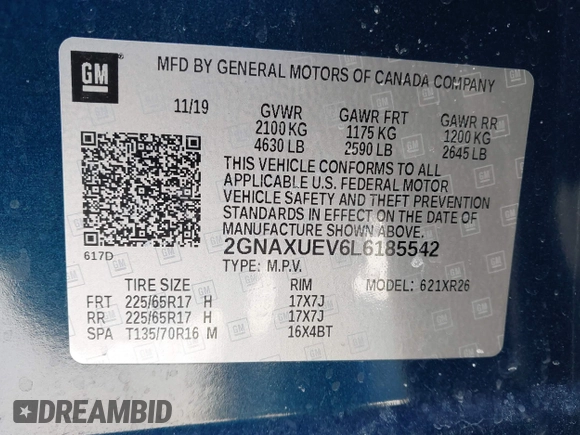 2020 Chevrolet Equinox LT with VIN 2GNAXUEV6L6185542, listed as a IAAI auction lot 41409792 with 56,533 mi miles and . Bid and sale history available at DreamBid. Image 9.