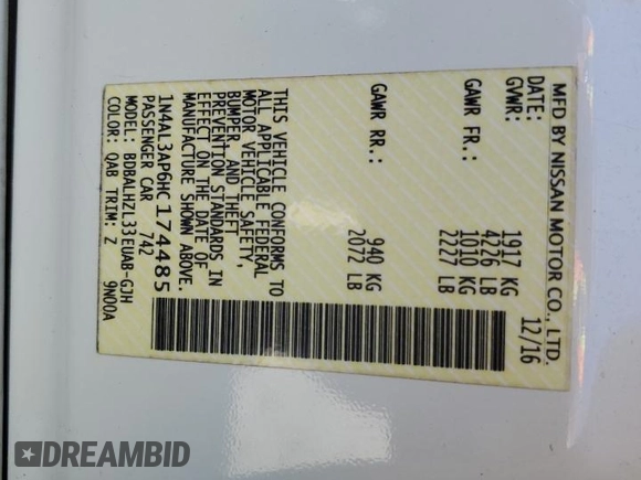 2017 Nissan Altima S with VIN 1N4AL3AP6HC174485, listed as a Copart auction lot 52518085 with 118,311 mi miles and Salvage title. Bid and sale history available at DreamBid. Image 13.