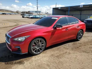 2018 Infiniti Q50 Red Sport 400 with VIN JN1FV7AP7JM461385, listed as a Copart auction lot 47046705 with 47,206 mi miles and Salvage Title. Bid and sale history available at carsss.com. Image 1.